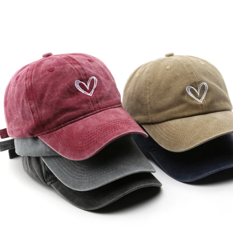 

Washed Cotton Heart Embroidery Baseball Cap for Women Men Caps Soft Faded Distressed Vintage Dad Trucker Hats