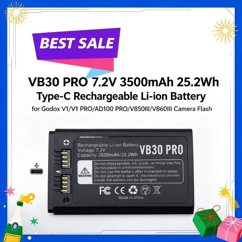 VB30 PRO 7.2V 3500mAh 25.2Wh Type-C Rechargeable Li-ion Battery for Godox V1/V1 PRO/AD100 PRO/V850III/V860III Camera Flash