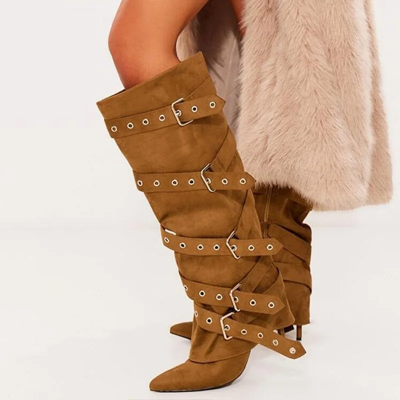 

Multiple Belt Buckle Straps Folded Knee High Boots Stretch Fabric Pointed Toe Thin Heels Winter Tall Boots