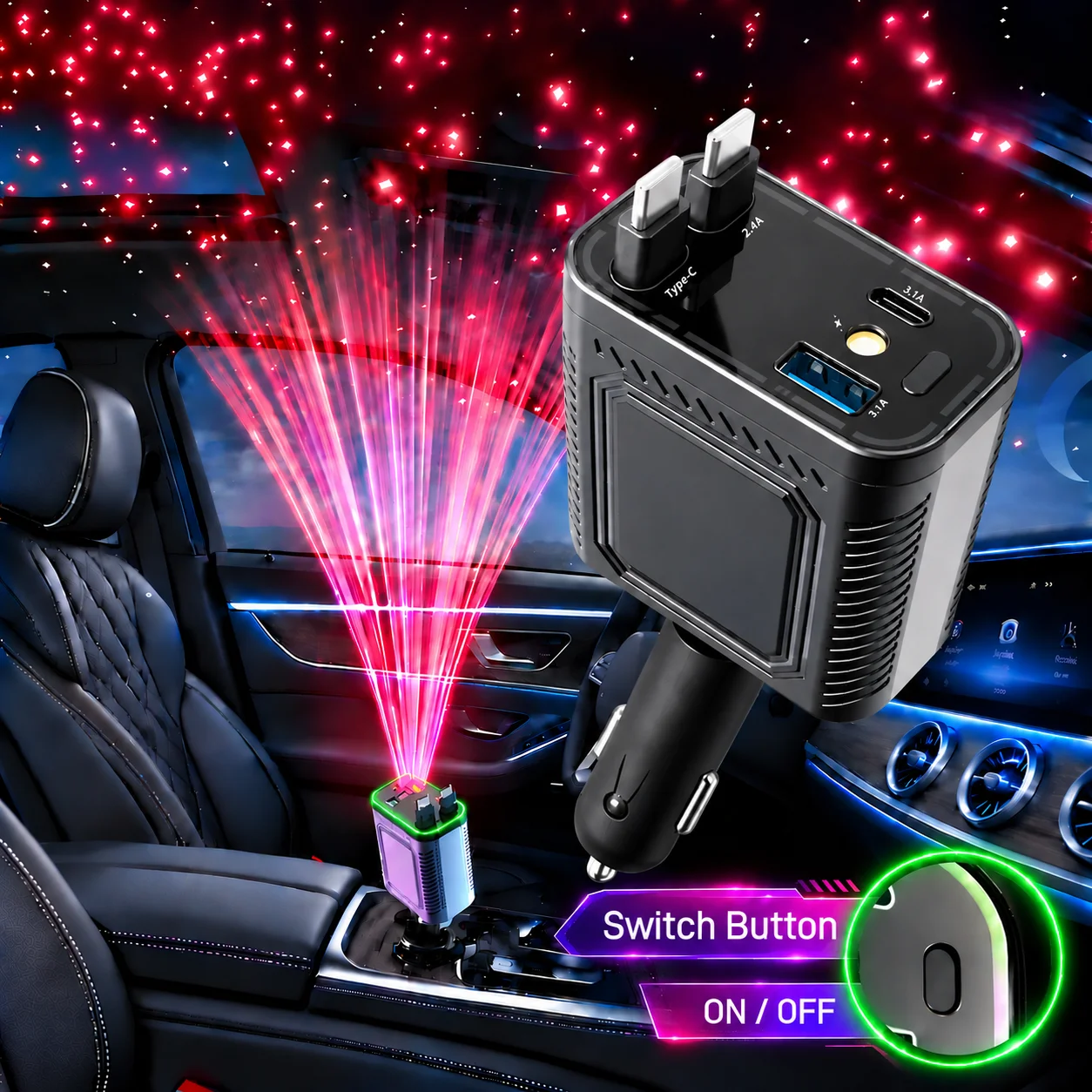 Tafdiur 1 Piece Black Abs Material 30W Fast Charging 2Usb Ports + 2Type-C Car Cigarette Lighter Charger Splitter, 4-in-1 Retractable Car Charger, with Red Starry Sky Ceiling Light, Fast Charging with Voltage Digital Display