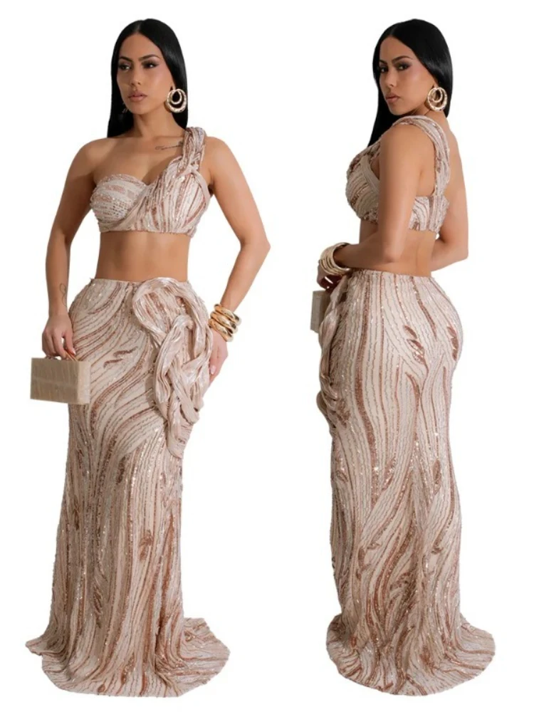 

Women’s Dress Set Mesh Sequined Ribbon Sleeveless Strap Top + Long Skirts Sets 2 Two Pcs Sets Sexy Party Evening Oufits 2025 New