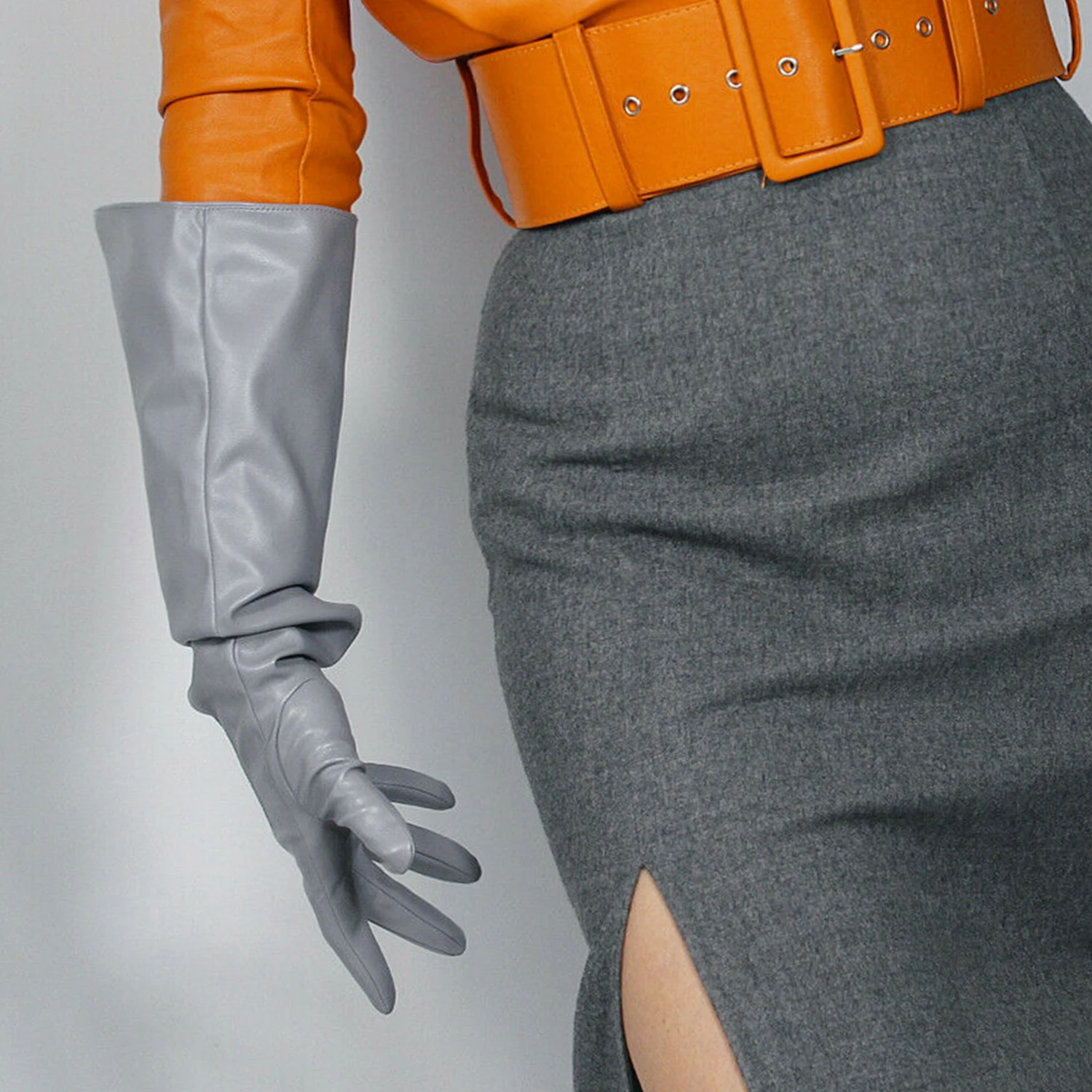 DooWay للجنسين رمادي جلد قفازات كبيرة الحجم الكوع طويلة نفخة الأكمام فو الجلود تأثيري خلع الملابس فنجر أوبرا نادي قفازات الحفلات #2