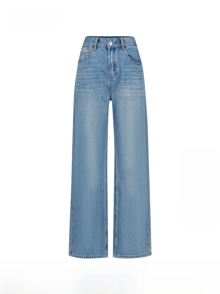 디티랜도25 하이웨이스트 스트레이트 와이드 레그 진 패셔너블 블루 데님 여성 가을 신상 캐주얼 루즈핏 팬츠