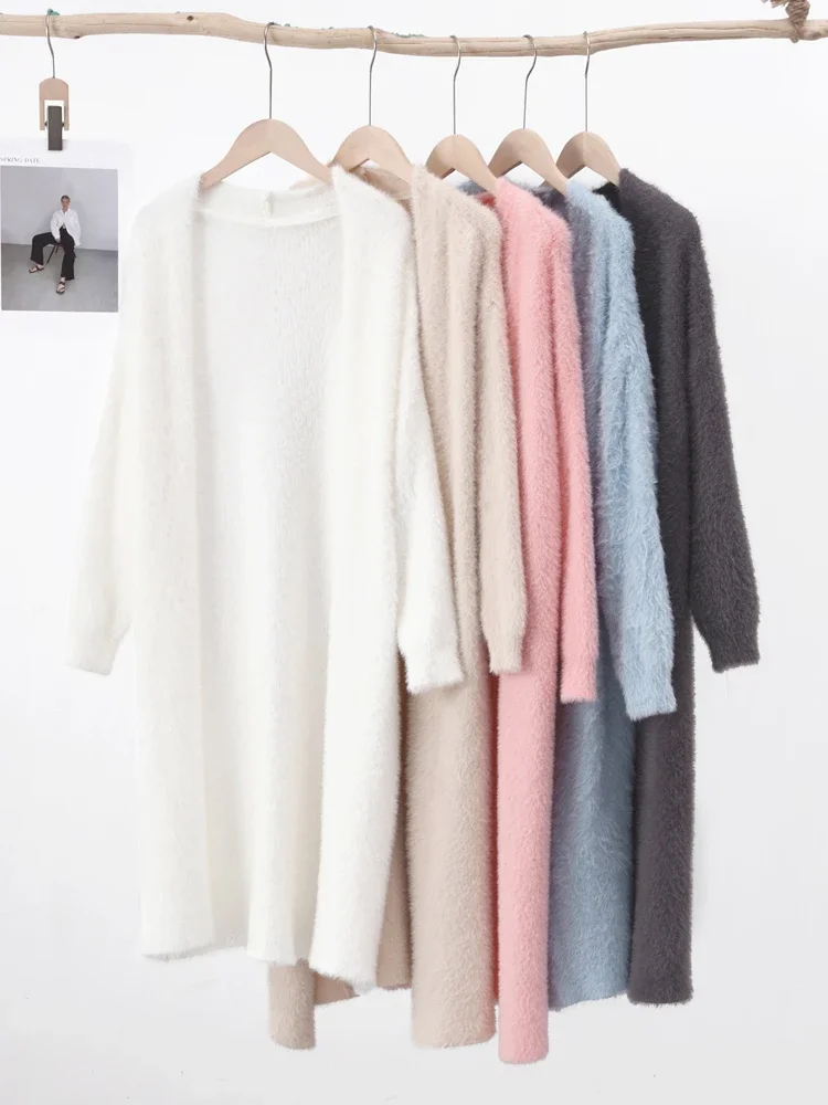 Woman Solid Long Cashmere Cardigan Coat Korean Sweet Fluffy Long Sleeve Sweater Winter Warm Loose Female Midi Knitted Clothing