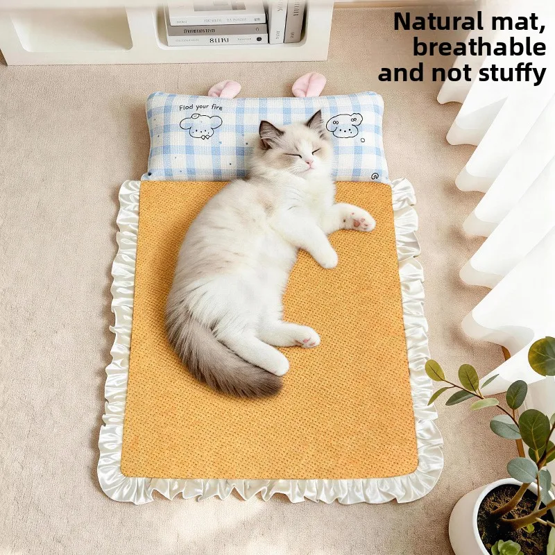 Cat bed with summer rattan mat, princess-style breathable cooling pet sleeping pad, detachable and washable mat for cats