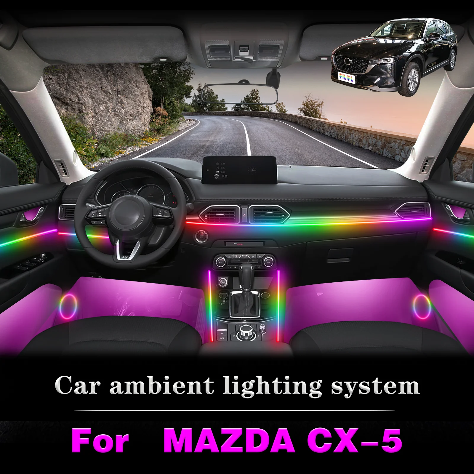 

For MAZDA CX-5 Car Interior Ambient Light RGB 64-Color LED Smart Remote Control Energy Saving Efficient Lamp Kit