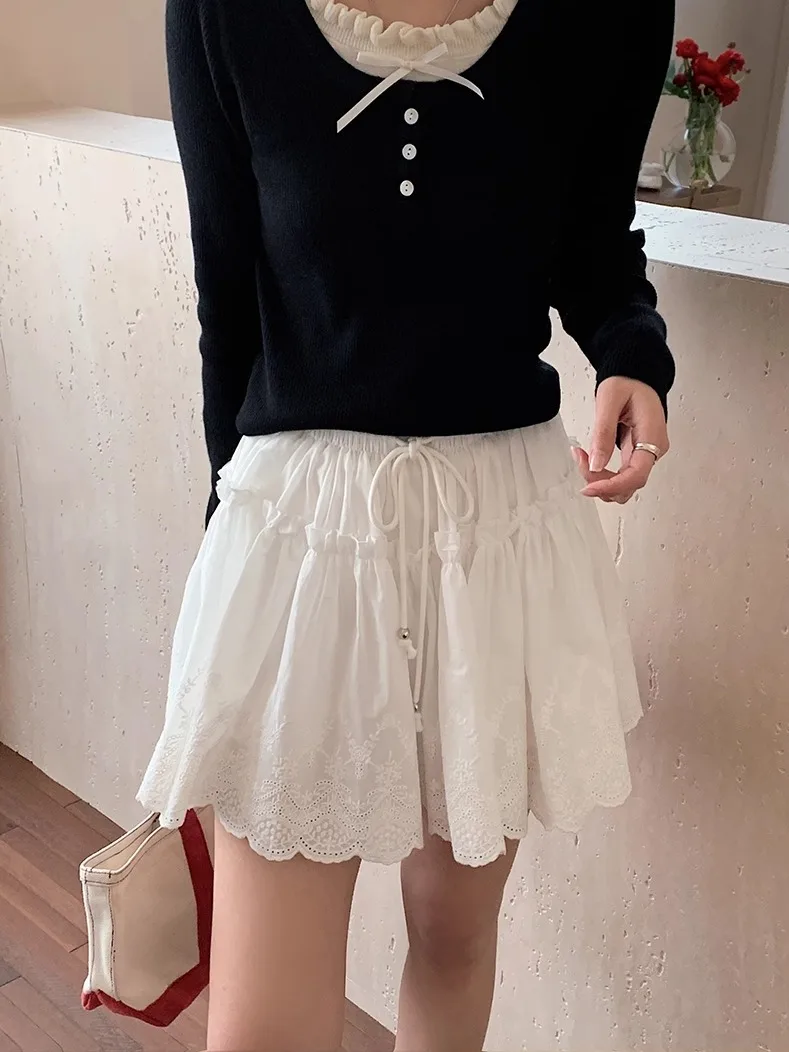 

Юбка Uniko с кружевной отделкой и поясом, женская, для офиса, омолаживающая, универсальная, короткая, весна-лето, новая, в корейском стиле, с высокой талией