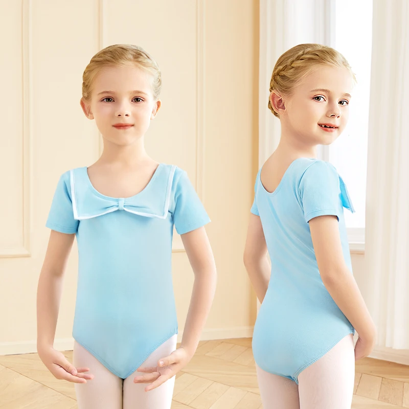 Girls Ballet Leotards Toddlers Kids Bow Collar Short Sleeves Gymnastics Dance Leotard Open Crotch Ballet Bodysuit For Girls