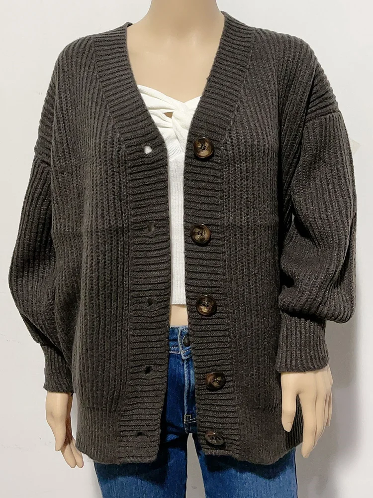 秋冬カジュアルルーズランタンスリーブニットカーディガンセーター女性用新作ファッション長袖ボタン付きロングセーターコート