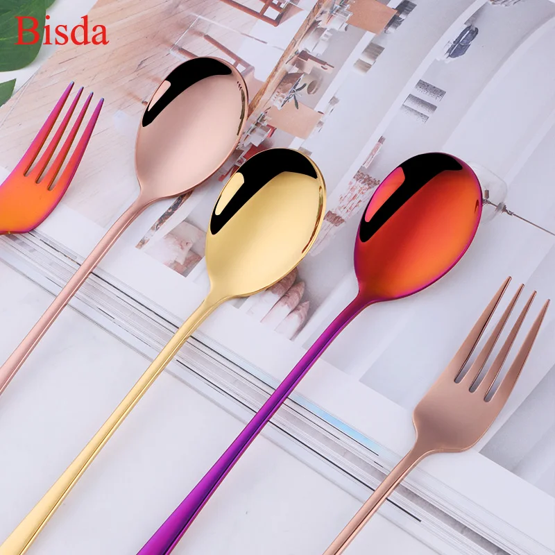 2 Pcs/set Dinner Fork Stainless Steel Fork And Spoon Set Gold Dinnerware Kitchen Utensil Colorful Spoon Safety Adult Flatware