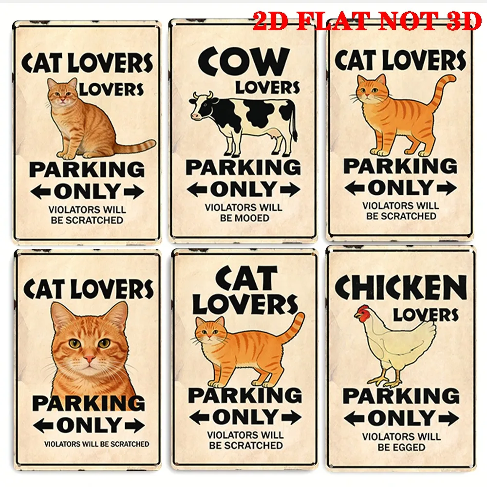6pcs Retro-Style Metal Signs | Cat Lovers Parking Signs Set & Dustproof - for Man Cave, Office, Bar, Garage, Kitchen, Home Decor