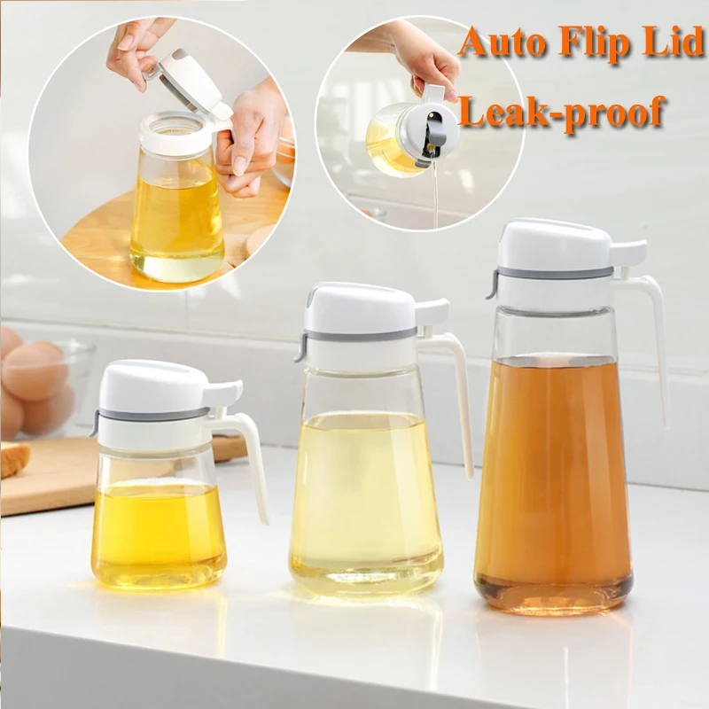 

2Pcs Glass Oil Bottles Auto Flip Lid Olive Oil Dispenser Kitchen Sauce Liquid Seasoning Bottle,Leak-proof,Auto Flip