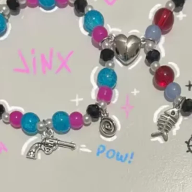 Jinx and Vi matching beaded bracelets, bff, cute, sister, gift idea, jewelry, y2k, charms aesthetic
