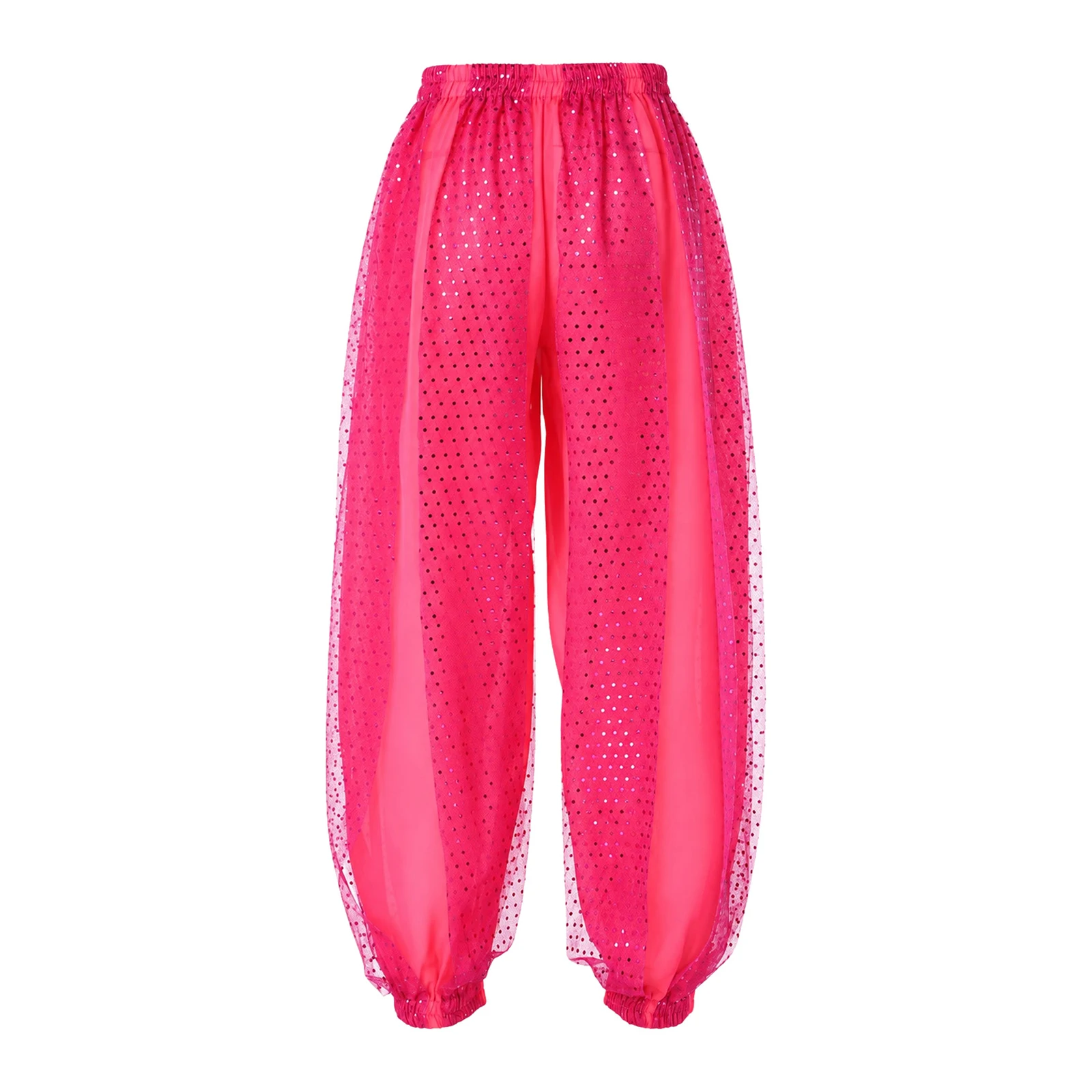 Women Jazz Belly Dance Sparkly Bloomers Pants Sequined Mesh Layer Elastic Waistband Jogging Indian Dance Pants Lyrical Dancewear