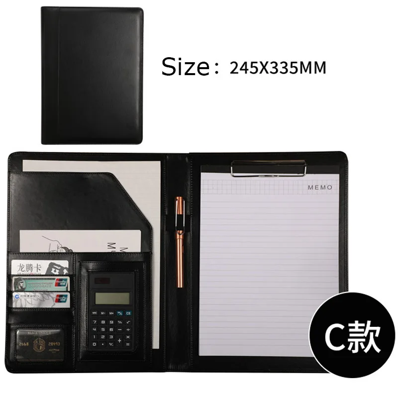 A4 PU Leather Portfolio com calculadora, pasta de arquivos, notebooks, titular do cartão, escritório do negócio, organizador do documento