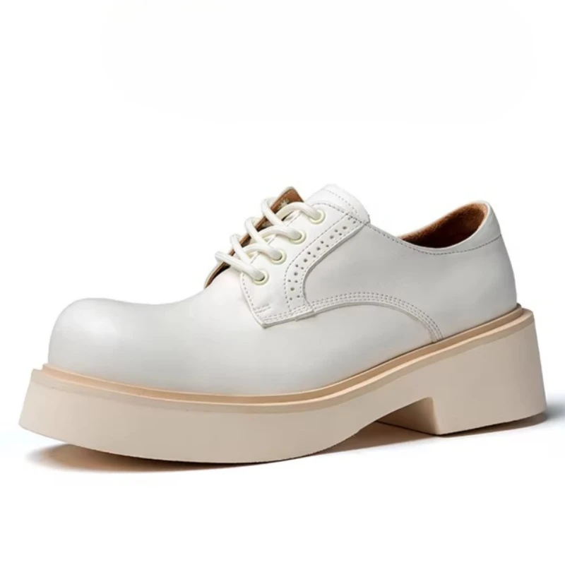 British White Men's Dress Shoes Inside and Outside All-genuine Leather Carving Derby Shoes Thick Soled Height Increasing Shoes