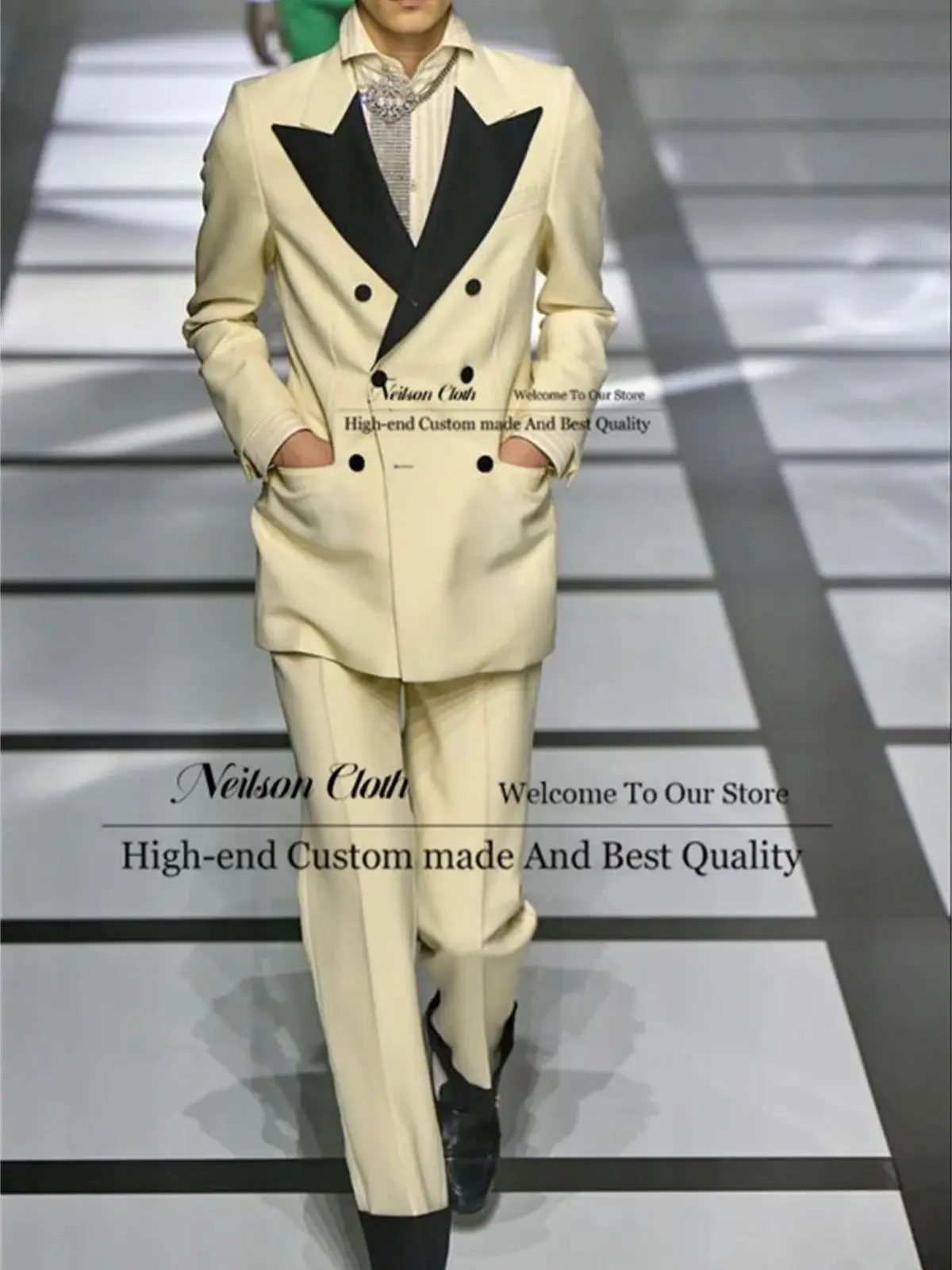 

Fashion Beige Male Prom Blazers 2 Pcs Sets Double Breasted Groom Wedding Tuxedos Slim Fit Peaked Lapel Business Terno Masculino