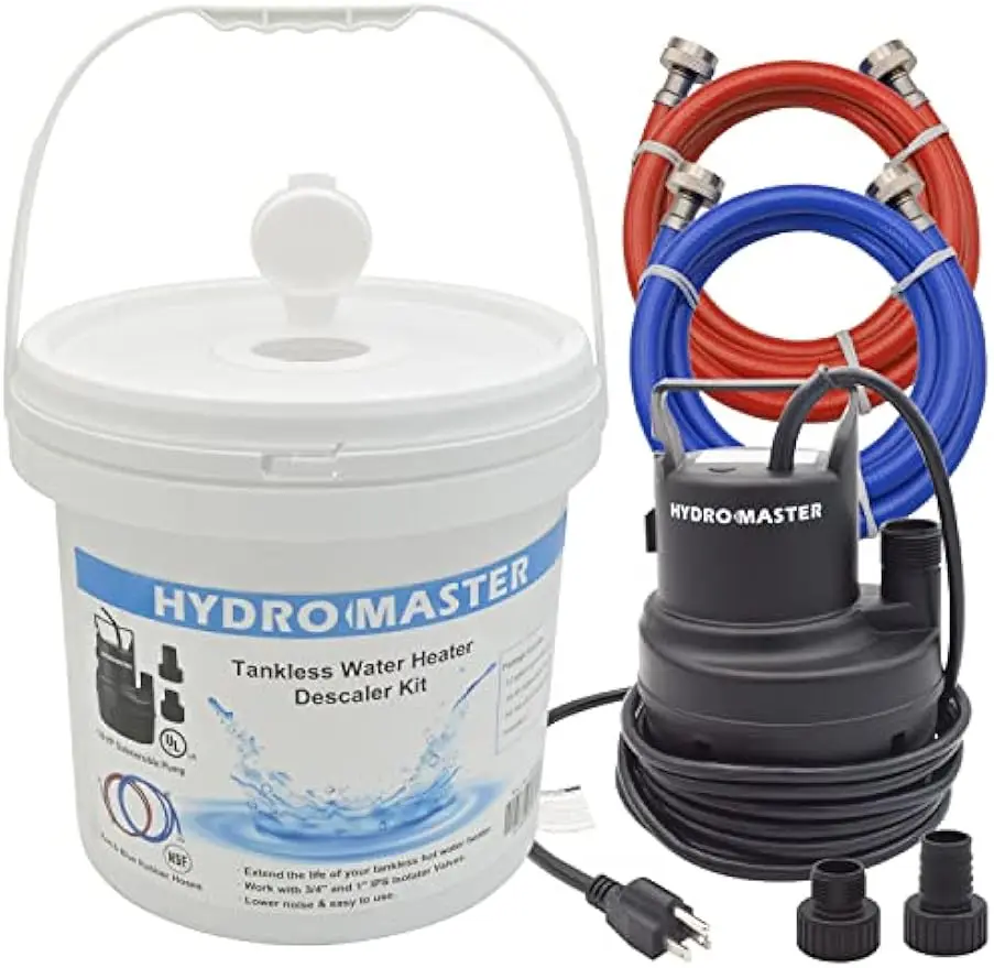 Tankless Water Heater Flush kit,Includes 1/6HP Pump, 3.2 Gallon Pail With Screw Top Lid, Two 3/4-inch GHT x 6 FT Color