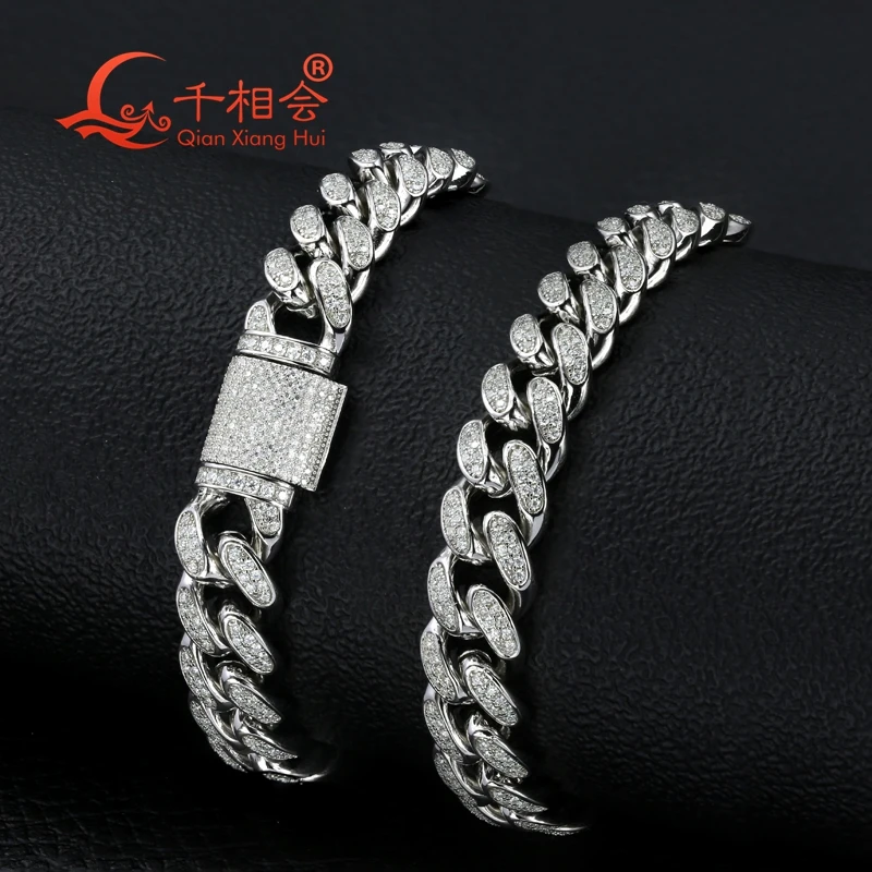 Bracelet 12mm width half moon kidney S925 Sterling Silver Cuban Chain Moissanite Diamond Hip Hop Style  Miami Cuban Link Chain