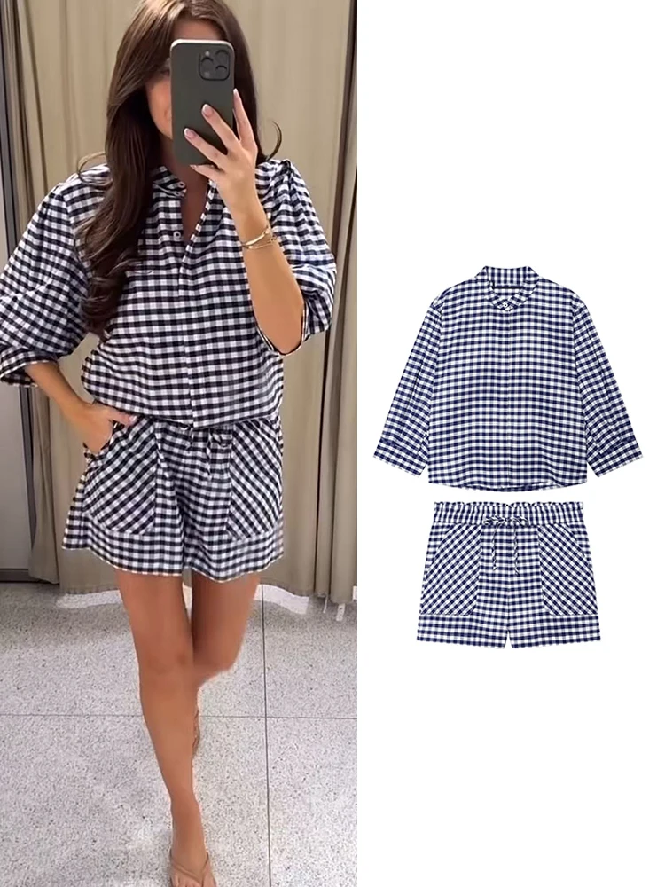 Ensemble deux pièces décontracté TFMLN pour femme : chemise à carreaux ample boutonnée et mini-short à carreaux avec poches – Tenue tendance