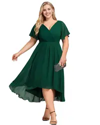 Women's A Line Ruched V Neck Short Sleeves Knee Length Plus Size Wedding Guest Dresses for Curvy Women prom party wedding dress