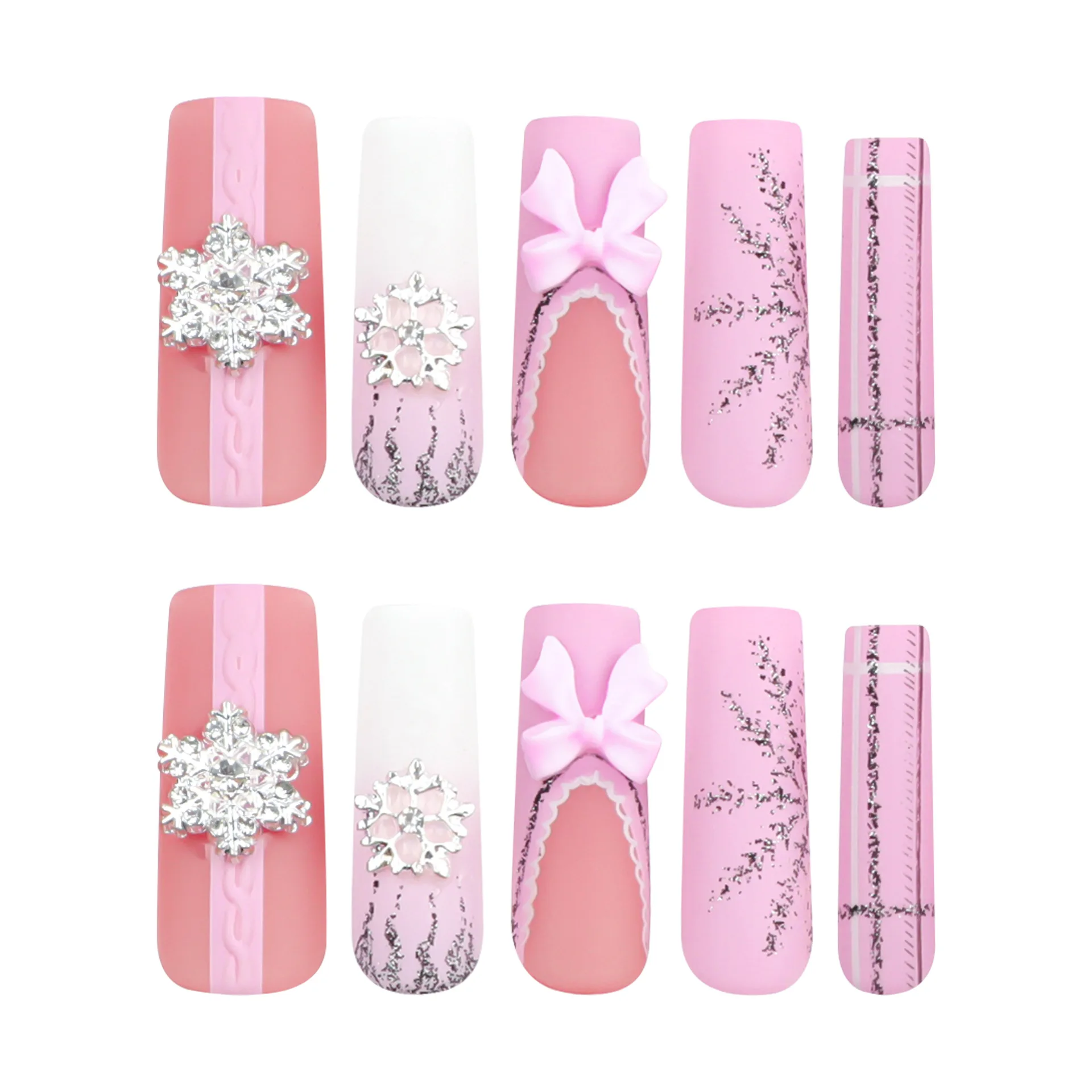 24pcs 3D Snowflake Design Long Fake Nails Matte Pink French Press on Nails for Girls Full Cover Wearable Christmas False Nails