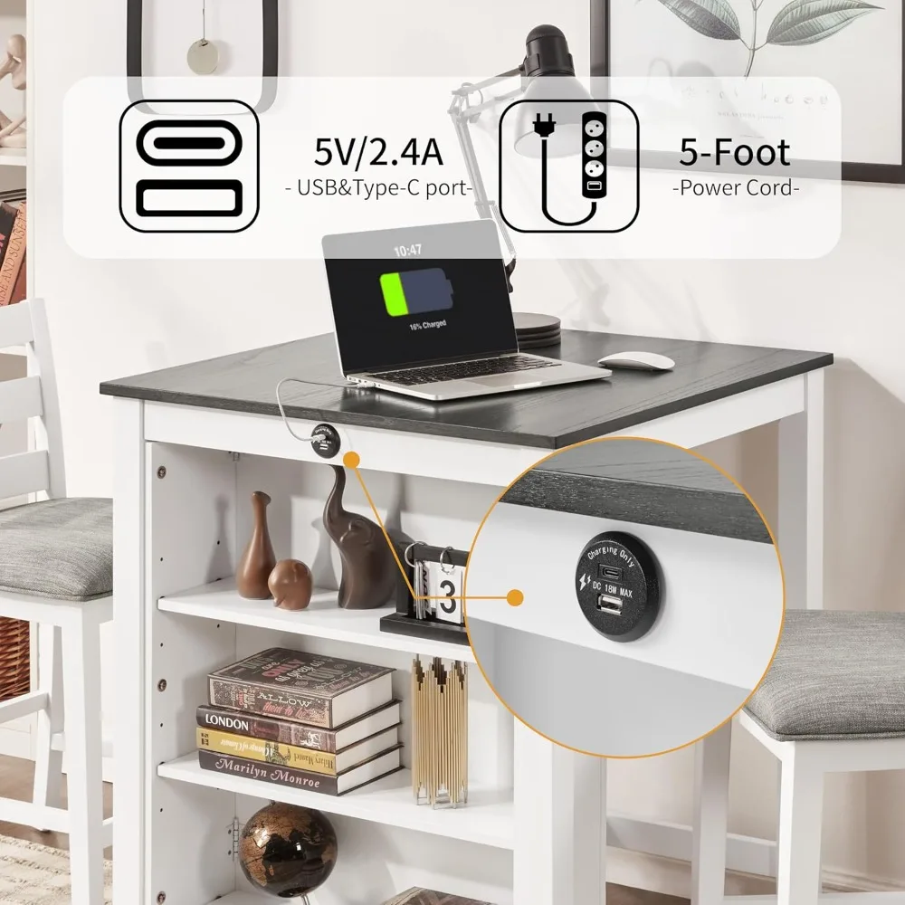 Set tavolo da bar e sedie compatto per 2 persone con stazione di archiviazione e ricarica per cucina e sala da pranzo