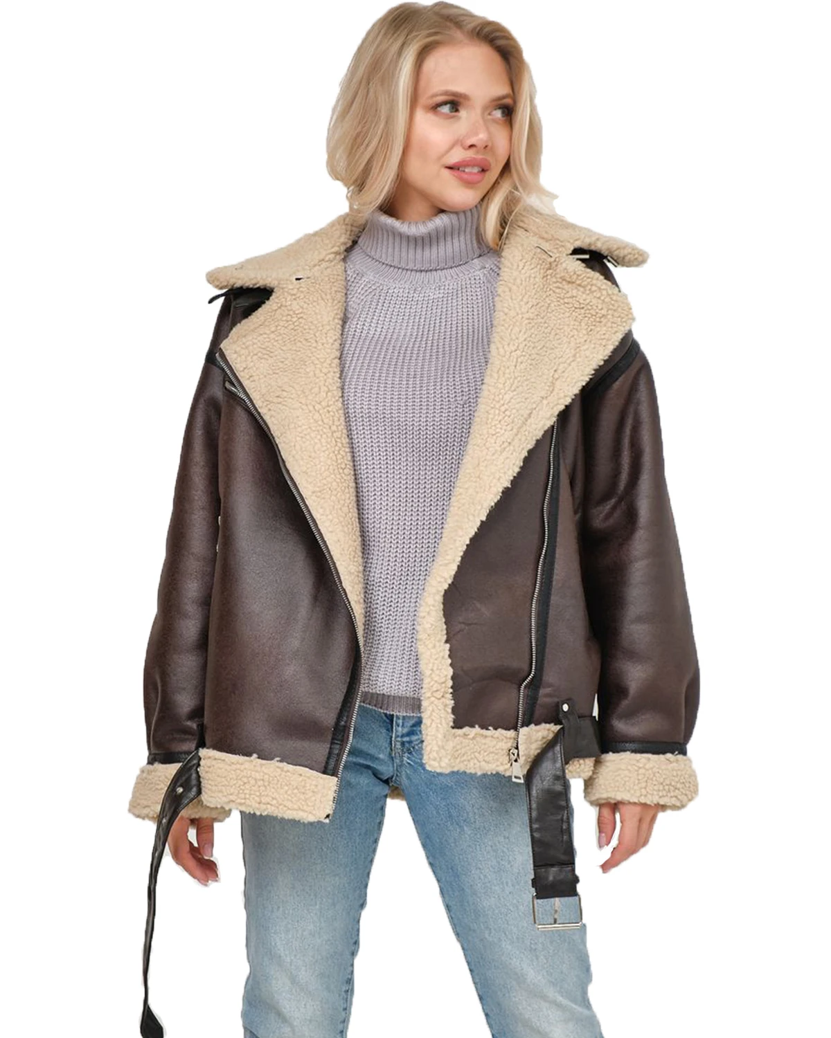 Fitaylor Winter Women Faux Lamb Fur Leather Jacket High Street Motorcycle Outwear Casual Lady Lapel Zipper Coat