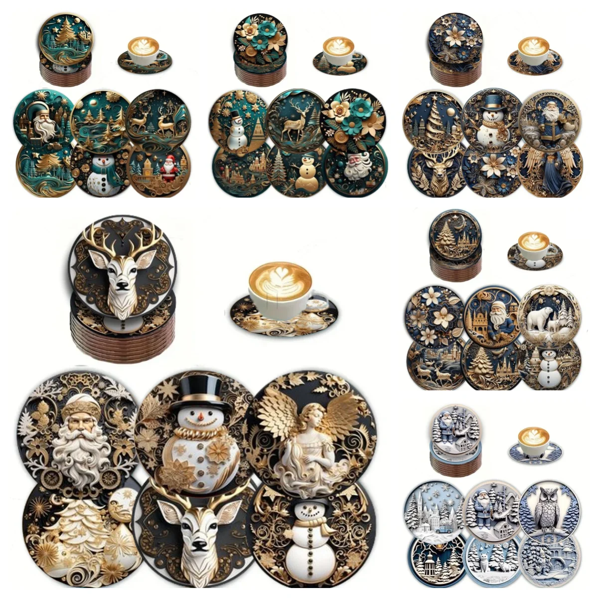 6 Christmas-themed round wooden anti-slip and heat-insulating coasters, office/kitchen/decorative cup holders, New Year gifts