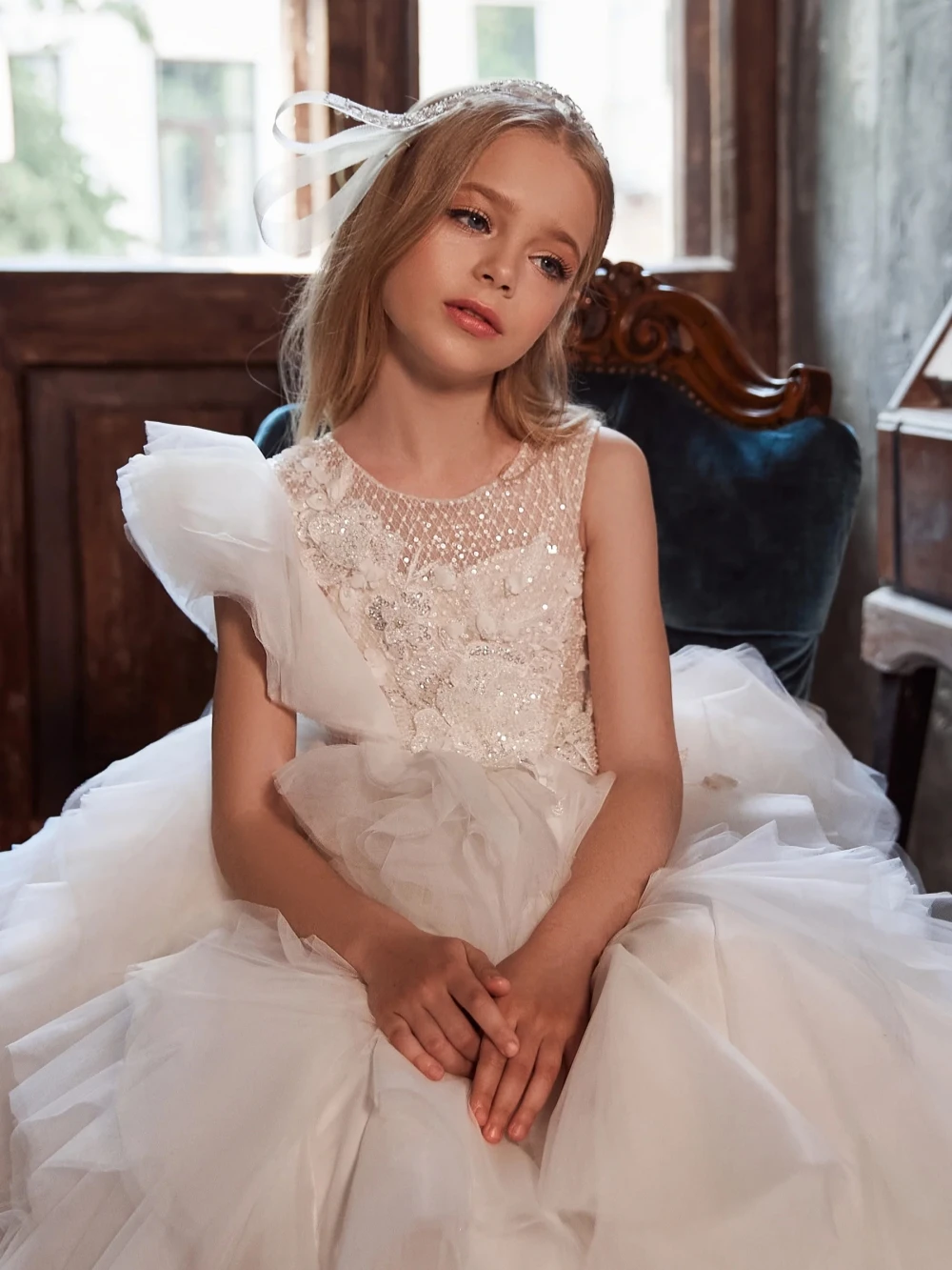 Puffy Sequined Beaded Princess Gown For Kids Stage Performance Luxurious Lace Appliques Tulle Girls Dresses Party Wear On Sale