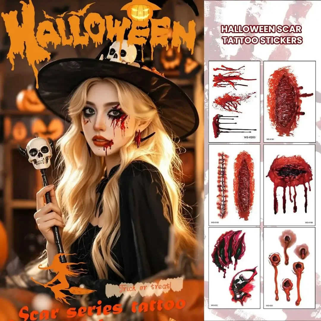 A 10pcs Waterproof Halloween Tattoo Stickers Bleeding Wound Scar Temporary Tattoos for Women Men Fake Tattoo For Halloween Party