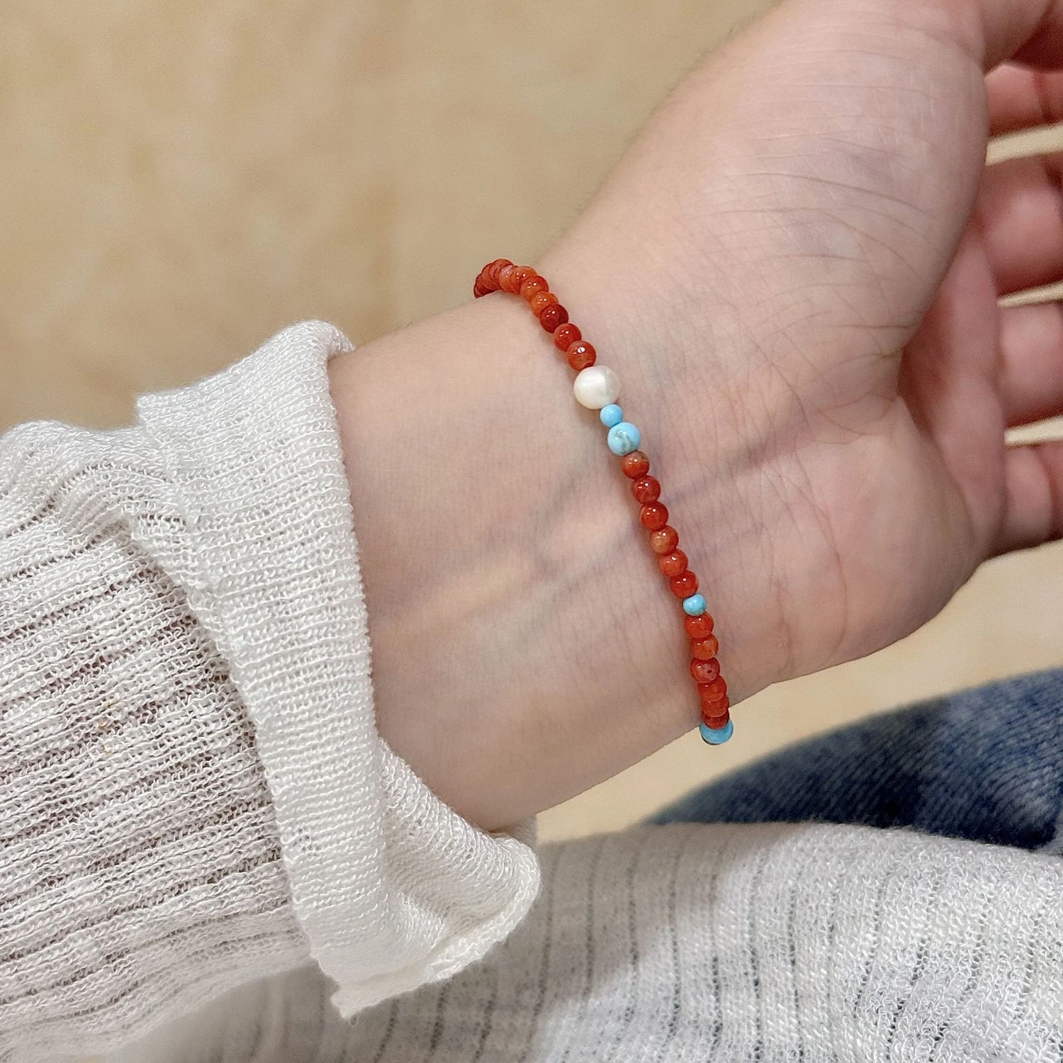 

Chinese Freshwater Pearl Vintage Elastic Bracelet Red Agate Patchwork Sun Beads S925 Sterling Silver Gold-plated