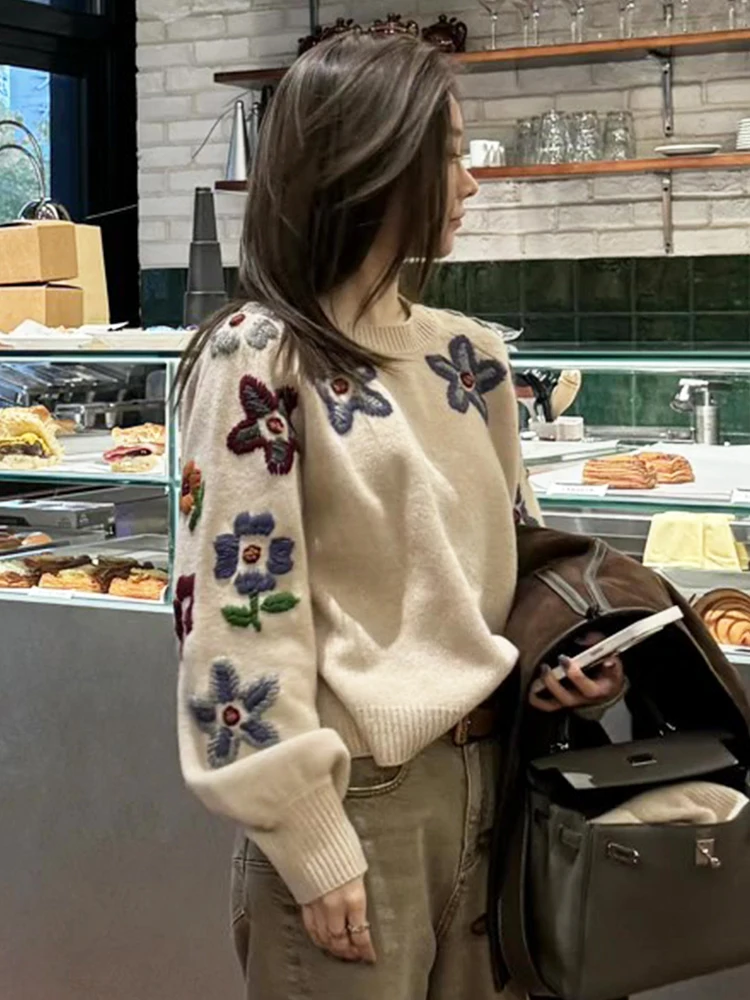 

Thiened round Ne Knitwear Women's Heavy Work Flower Autumn Winter Inner Wear Top Faionable Commute Sle Loose Fit Long...