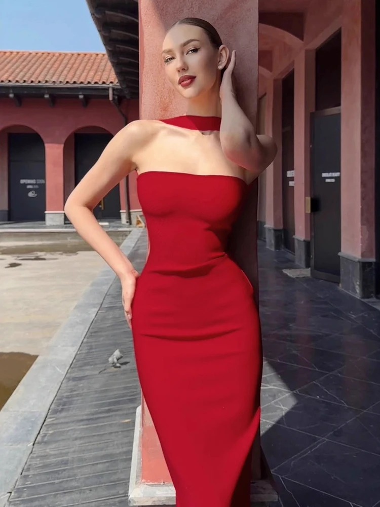 Mulher sexy fora do ombro sem mangas magro vestido longo streetwear senhora chique sexy halter pescoço split sem costas sólido festa clube vestidos