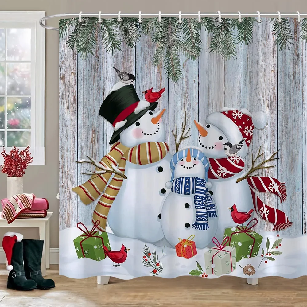 Christmas Snowman Shower Curtain Merry Santa Elf Deer Red Truck Polyester Fabric Printed Bath Curtains Bathroom Decor With Hooks