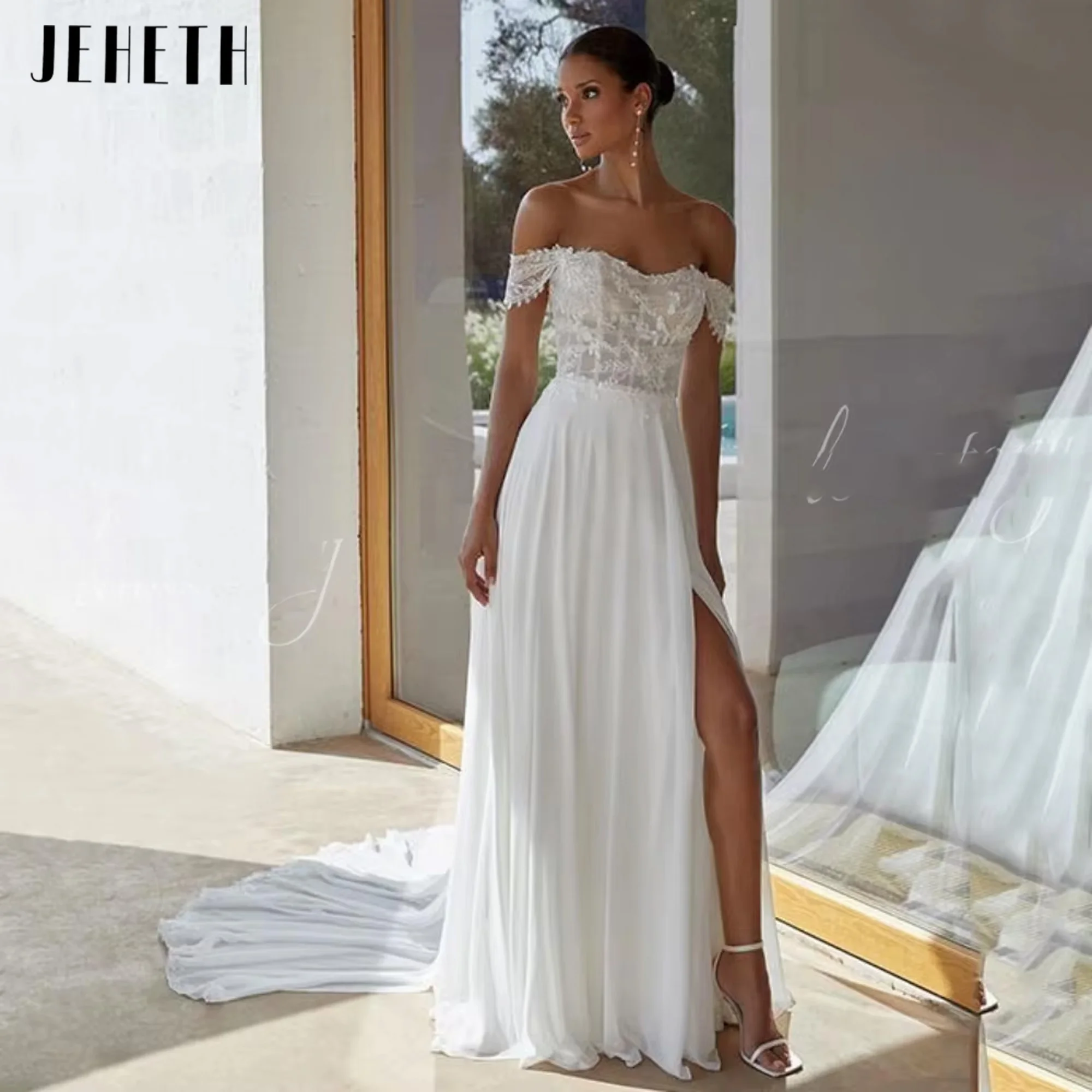 

Boho Vestido A-Line Wedding Dress Off Shoulder Resort Style Bride Robe Backless Chiffon Bridal Gown Vestidos De Noiva Customized
