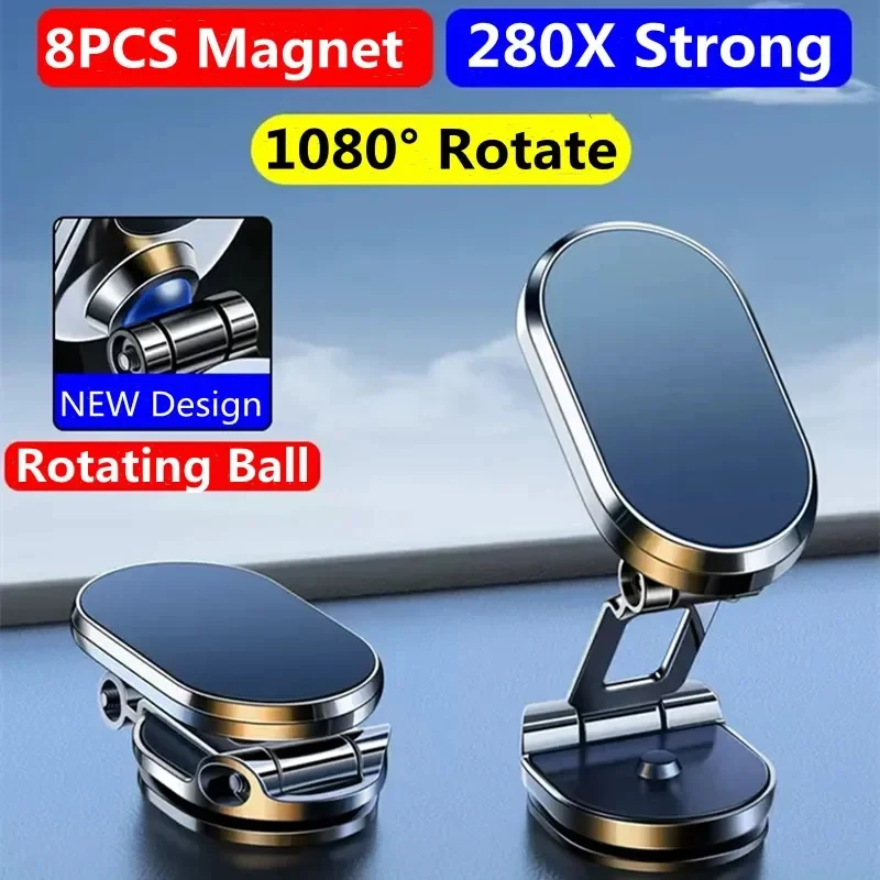 1080° draaibare magnetische telefoonhouder, opvouwbaar, sterke magneethouder, mobiele telefoon, metalen standaard, GPS-ondersteuning voor iPhone, Samsung, Xiaomi