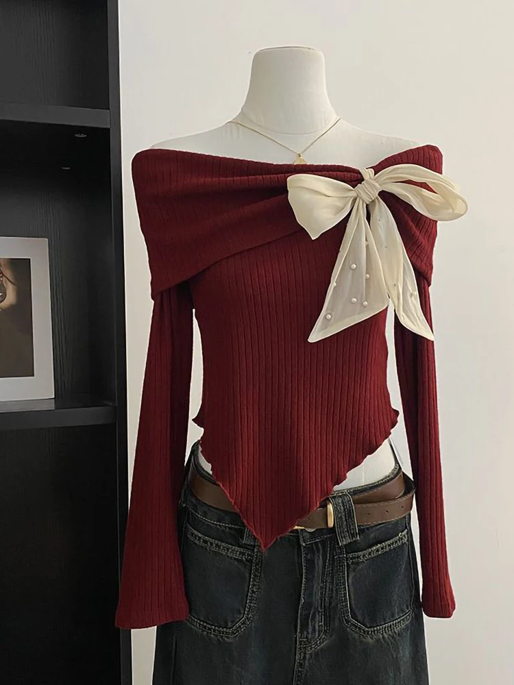 Bow Tied Off shoulder Knitted Long sleeve T shirt Women Youth Elegant Tight Basic Top Sweet Korean Fashion Female Tees 2024 New