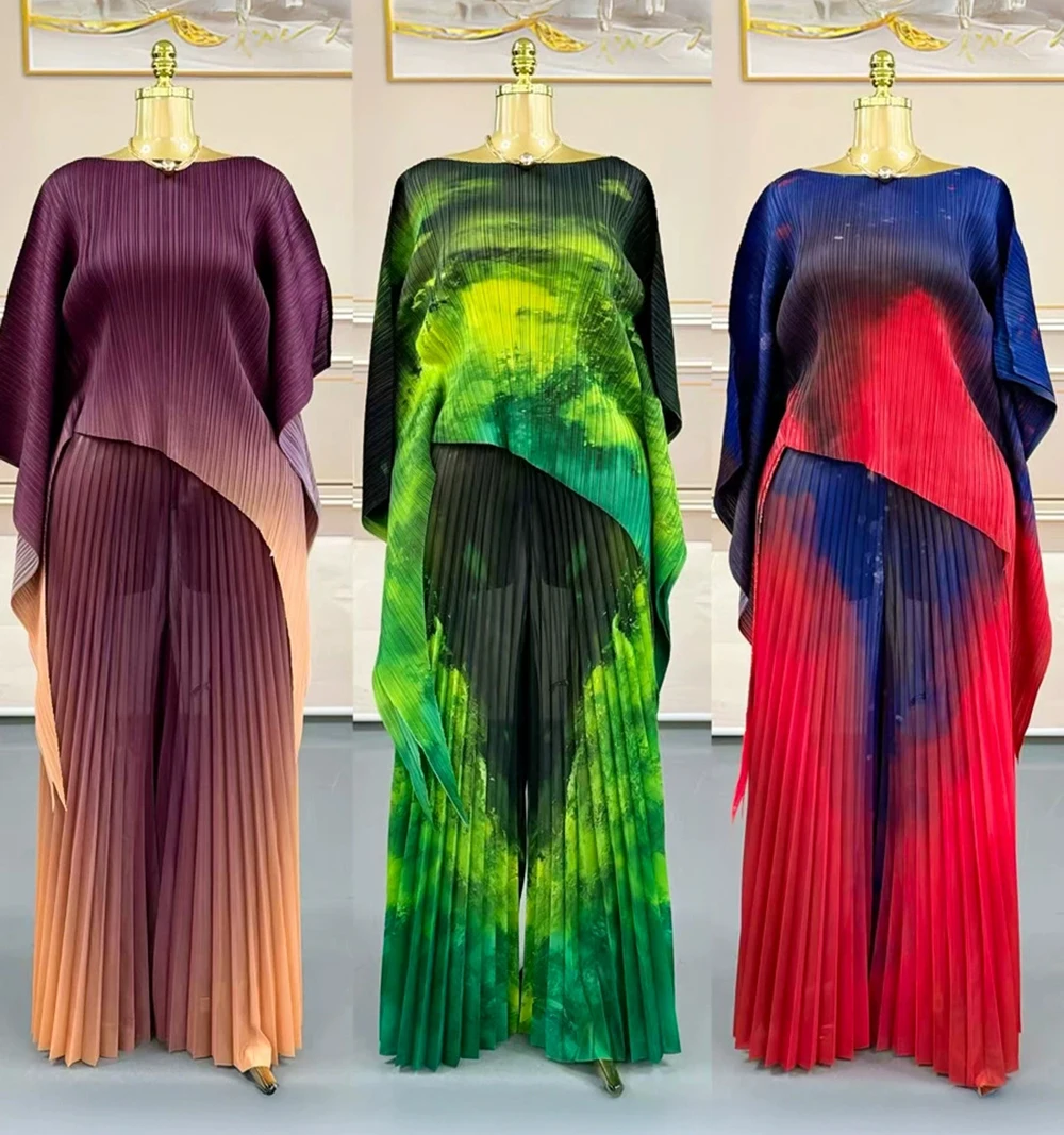 

Fashion suit for plus-size women, two-piece pleated printed top and pleated casual trousers-GZXX978
