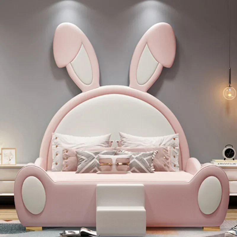 Creative cartoon children's bed girl princess bed bedroom Internet celebrity pink rabbit multifunctional with guardrail baby
