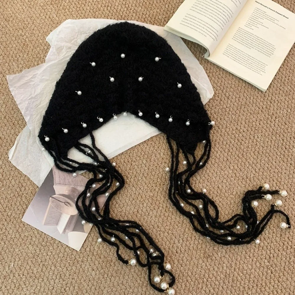 Versatile Hollow Out Knitted Pullover Hat Stretchable Winter Warm Fringed Beanie Cap Pearl Tassel Pendant Headband Hat for Women