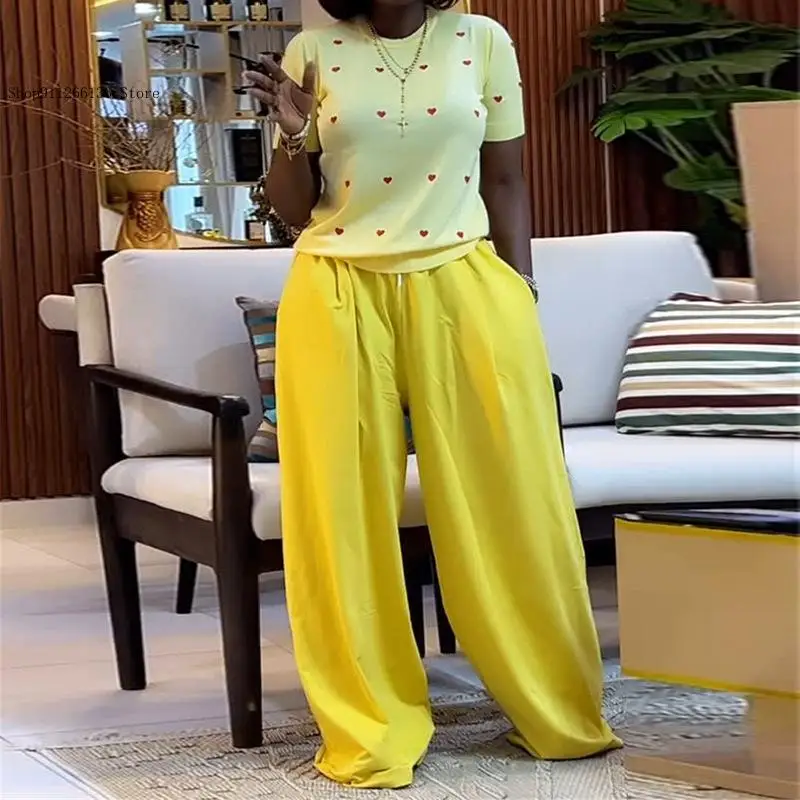 Summer Causal Two 2 Piece Sets Outfit Tracksuit Women's Set Love Short Sleeve T-Shirt and Wide Leg Pants