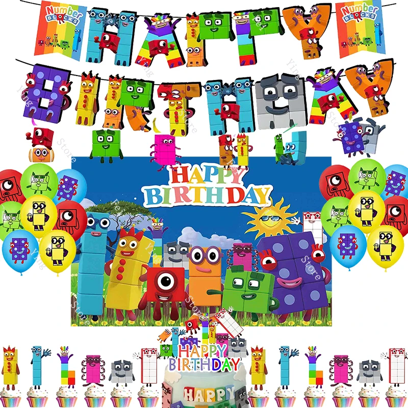 Number Building Blocksed Birthday Party Decorations Disposable Tableware Supplies Banner Cake Topper Balloons Birthday Decorati