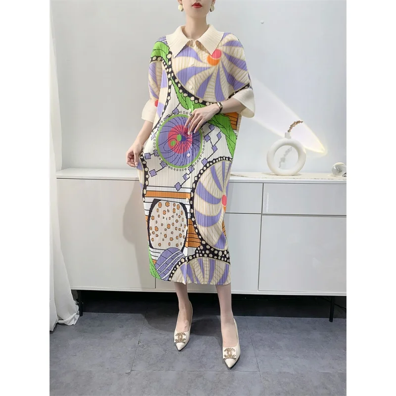 Boutique MIYAKE Pleated Style New Spring/Summer Printed 100 Loose Size Mom\'s Medium Length Pleated Dress [L-303]