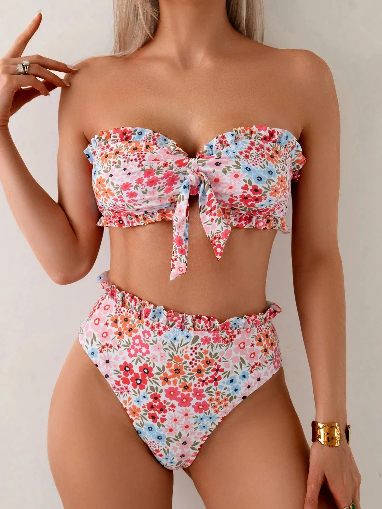 2026 Bowknot Ruffle Swimsuit Women Bandeau Bikini 2026 High Wasit Swimwear Female Bathing Swimming Swim Suit Summer Beachwear