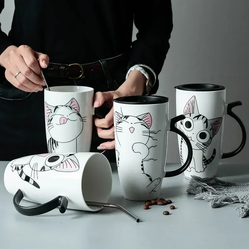 600ml Cute Cat Ceramics Coffee Mug with Lid Large Capacity Animal Mugs Creative Drinkware Coffee Tea Cups Novelty Gifts Milk Cup