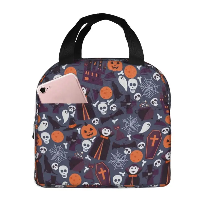 

Pumpkins Ghosts Skulls Halloween Lunch Box Women Cooler Thermal Food Insulated Lunch Bag Kids School Children Picnic Tote Bags