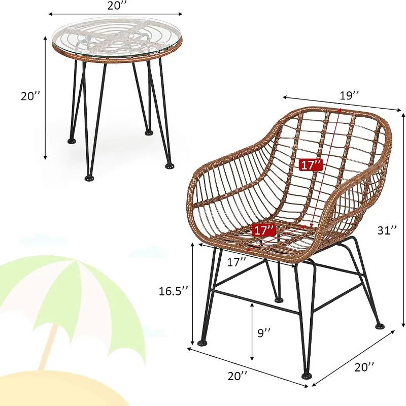 3 Pieces Patio Conversation Bistro Set, Outdoor Wicker Furniture w/Round Tempered Glass Top Table & 2 Rattan Armchairs,