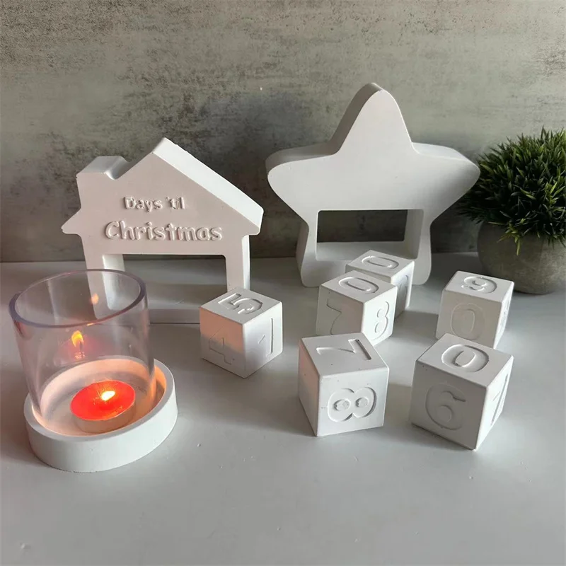 Christmas Countdown Calendar Ornaments Silicone Mold Date Dice Star House Decoration Mold Countdown Casting Plaster Mould