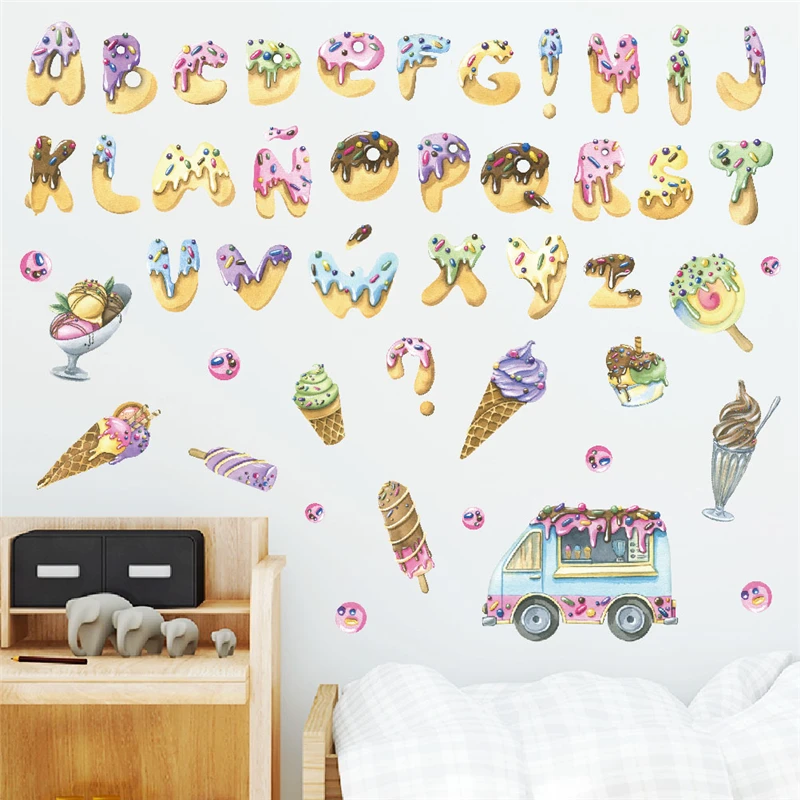 Cute Ice Cream Desserts Letters Wall Stickers For Home Decoration Cartoon Alphabet Mural Art Kids Bedroom Decals Nursery Posters